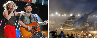 LEFT: Jennifer Nettles, left, and Kristian Bush of Sugarland perform during the CMA Fan Festival Friday, June 10, 2011 in Nashville, Tenn. (AP Photo/Wade Payne)RIGHT: frame grab from video provided by Jessica Silas, a stage collapses at the Indiana State Fair, killing five and injuring dozens of fans waiting for the country band Sugarland to perform, in Indianapolis. (AP Photo/Jessica Silas)