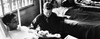 In the Malaria ward at Illinois penitentiary on June 25, 1945, army doctors expose patients to infected mosquitoes. The mosquitoes bite through gauze-covered opening in a glass cage. (AP Photo)