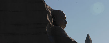 The Washington Monument is at right as the Martin Luther King, Jr. Memorial is seen ahead of its dedication this weekend in Washington, Monday, Aug. 22, 2011. (AP Photo/Charles Dharapak)