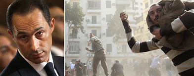 (L-R) Gamal Mubarak (AP), anti-government protesters in Cairo (Reuters)