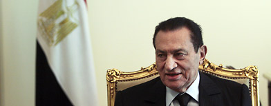 Egyptian President Hosni Mubarak speaks during his meeting with U.S. Mideast envoy George Mitchell, not pictured, at the Presidential Palace in Cairo, Egypt, Sunday, Oct. 3, 2010. Talks focused on Israeli-Palestinian peace negotiations. (AP Photo/Amr Nabil)