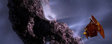 File rendering by artist Pat Rawlings shows the Deep Impact spacecraft's encounter with comet Tempel 1. (AP/NASA, Pat Rawlings)