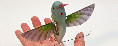 This image provided by AeroVironment Inc., shows a life-size Hummingbird-like unmanned aircraft, named Nano Hummingbird. (AP Photo/AeroVironment Inc.)