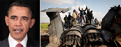 L: U.S. President Obama makes a statement about limited military action against Libya from Brasilia, Brazil, Saturday, March 19, 2011. R: Libyans pose on the wreckage of a US F15 fighter jet after it crashed in an open field in the village of Bu Mariem, east of Benghazi, eastern Libya, Tuesday, March 22, 2011. (AP)
