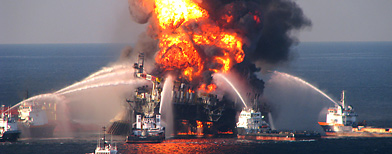 The Deepwater Horizon oil rig burning after an explosion in the Gulf of Mexico on April 21, 2010. (Gerald Herbert/AP Photo)