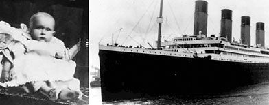 (L-R) Baby Sidney Leslie Goodwin (Carol Goodwin via LiveScience), Titanic departs England in 1912 (AP)