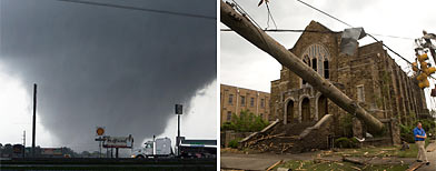 (L-R) Tornado bears down on Tuscaloosa (AP/Tuscaloosa News), utility pole hangs from wires in front of a church in downtown Cullman, Ala. (AP/Decatur Daily, Brennen Smith)