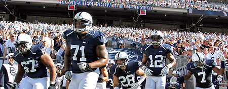 The Penn State Nittany Lions run onto the field before taking on the Iowa Hawkeyes during the game on October 8, 2011 at Beaver Stadium in State College, Pennsylvania. (Photo by Justin K. Aller/Getty Images)
