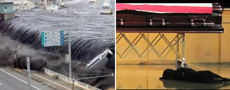 (L-R) Tsunami footage, dog mourns fallen SEAL (Getty Images via Y! Studios)
