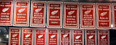Some of the banners that hang from the rafters in Joe Louis arena before an NHL game between the Detroit Red Wings and the Edmonton Oilers on March 11, 2011 in Detroit, Michigan. Wings beat the Oilers 2-1 in overtime. (Photo by Dave Reginek/NHLI via Getty Images)