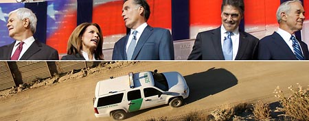 Top: Republican presidential candidates Newt Gingrich, Michele Bachmann, Mitt Romney, Rick Perry, and Ron Paul (AP/Chris Carlson), Bottom: US Border Patrol agents carry out special operations near the US-Mexico border fence (David McNew/Getty Images)