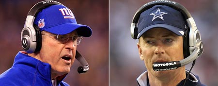 Head coach Tom Coughlin of the New York Giants (Photo by Chris Trotman/Getty Images) and head coach Jason Garrett of the Dallas Cowboys (Photo by Christian Petersen/Getty Images)