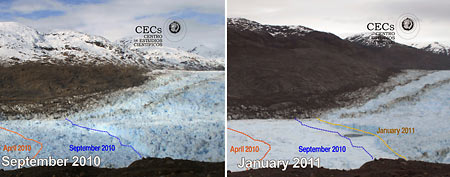 Photos show the retreat of the Jorge Montt glacier in Chile's Patagonia (AP/Centro de Estudios Cientificos)