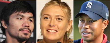 Manny Pacquiao (Photo by Rob Kim/FilmMagic), Maria Sharapova (Photo by Matthew Stockman/Getty Images), and Tiger Woods (Photo by Scott Halleran/Getty Images)