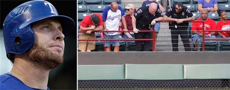 L-R, Texas Rangers' Josh Hamilton (AP Photo/Tony Gutierrez, File), and police and fans look over the railing where a fan, Shannon Stone, fell from the stands and died. (AP Photo/Jeffery Washington)
