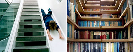 (From left) Staircase Slide (Photo: Michaelis Boyd Associates)/Bookcase Stairs (Photo: Levitate)