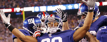 New York Giants wide receiver Victor Cruz (80) celebrates his first quarter touchdown against the Dallas Cowboys at MetLife Stadium. (William Perlman/The Star-Ledger via US PRESSWIRE)