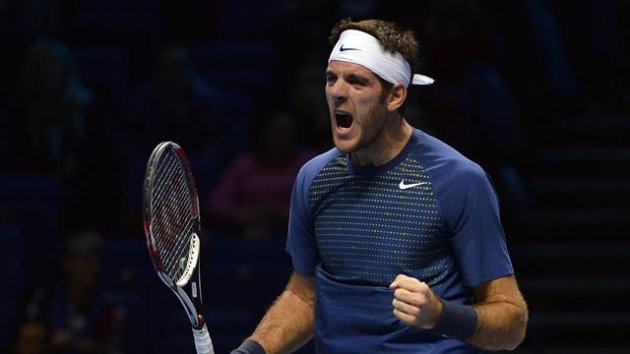Juan Martin del Potro of Argentina celebrates after defeating Richard Gasquet of France during their ATP World Tour Finals tennis match at the O2 Arena in London, November 4, 2013 (Reuters)