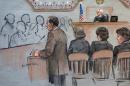 It this courtroom sketch, U.S. Attorney William Weinreb, left, is depicted delivering opening statements in front of U.S. District Judge George O'Toole Jr., right rear, on the first day of the federal death penalty trial of Boston Marathon bombing suspect Dzhokhar Tsarnaev, Wednesday, March 4, 2015, in Boston. Tsarnaev, depicted seated second from right between defense attorneys Judy Clarke, third from right, and Miriam Conrad, right, is charged with conspiring with his brother to place two bombs near the marathon finish line in April 2013, killing three and injuring 260 people. (AP Photo/Jane Flavell Collins)