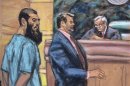 Abid Naseer is seen in a courtroom sketch as he pleads not guilty to terrorism charges in New York