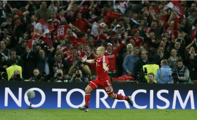 Bayern Munich's Arjen Robben celebrates after scoring during their Champions League Final soccer match against Borussia Dortmund at Wembley Stadium in London