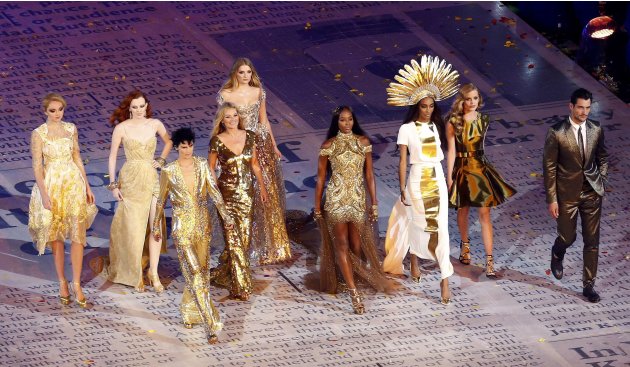 Top models take part in the closing ceremony of the London 2012 Olympic Games at the Olympic Stadium