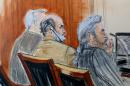 In this courtroom sketch, Sulaiman Abu Ghaith, center, is flanked by his legal team Monday, March 3, 2014 during jury selection at the start of his trial in New York on charges that he conspired to kill Americans and support terrorists in his role as al-Qaida's spokesman after the Sept. 11 attacks. Abu Ghaith is Osama bin Laden's son-in-law and is the highest-ranking al-Qaida figure to face trial on U.S. soil since the Sept. 11 attacks. Seated at right is defense attorney Stanley Cohen. (AP Photo/Elizabeth Williams)