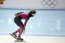 Speedskater Claudia Pechstein of Germany trains at the Adler Arena Skating Center during the 2014 Winter Olympics in Sochi, Russia, Thursday, Feb. 6, 2014. (AP Photo/Peter Dejong)