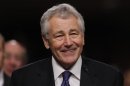 File photo of former U.S. Senator Hagel testifies during Senate Armed Services Committee hearing on his nomination to be Defense Secretary, on Capitol Hill in Washington