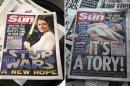 A combination of pictures created on April 30, 2015 shows a Scottish edition of the Sun newspaper, featuring Nicola Sturgeon (L) and endorsing the SNP and an edition of the Sun newspaper in London featuring David Cameron