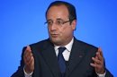 French President Francois Hollande delivers his speech during a conference with France's ambassadors, at the Elysee Palace, in Paris, Tuesday Aug. 27, 2013. Francois Hollande said France is prepared to take action against those responsible for gassing people in Syria.(AP Photo/Kenzo Tribouillard/Pool)