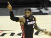 Heat's James reacts after a basket against the Spurs during Game 4 of their NBA Finals basketball series in San Antonio