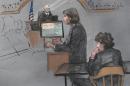 In this courtroom sketch, defense attorney Judy Clarke is depicted addressing the jury as defendant Dzhokhar Tsarnaev, right, sits during closing arguments in Tsarnaev's federal death penalty trial Monday, April 6, 2015, in Boston. Tsarnaev is charged with conspiring with his brother to place two bombs near the Boston Marathon finish line in April 2013, killing three and injuring more than 260 people. (AP Photo/Jane Flavell Collins)