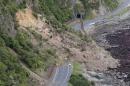 Aerial photo taken on November 14, 2016 shows earthquake damage to State Highway One near Ohau Point on the east coast of New Zealand's South Island
