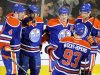 Oilers celebrate goal against Kings during their NHL hockey game in Edmonton