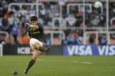 South Africa's Springboks' Morne Steyn strikes a penalty shot in Mendoza on August 24, 2013