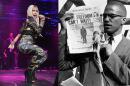 In this combination of 2013 and 1963 file photos, hip-hop artist Nicki Minaj performs in New York, and Malcolm X, civil rights activist and black Muslim leader, holds a newspaper as he speaks at a rally in New York. On Thursday, Feb. 13, 2014, Minaj apologized after provoking widespread outrage with an Instagram and Web post featuring one of black history's most poignant images: Malcolm X peering out the window of his home, rifle in hand, trying to defend his wife and children from firebombs while under surveillance by federal agents. Superimposed on the photo: the title of Minaj's new song, which denigrates certain black men and repeats the N-word 42 times. (AP Photo/Invision, Brad Barket, AP)