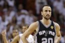 The San Antonio Spurs' Manu Ginobili (20) reacts to play against the Miami Heat during the second half in Game 7 of the NBA basketball championship, Thursday, June 20, 2013, in Miami