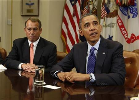 U.S. President Barack Obama hosts a bipartisan meeting with Congressional leaders in the Roosevelt Room of White House to discuss the economy, November 16, 2012. Left of President Obama is Speaker of the House John Boehner. REUTERS/Larry Downing