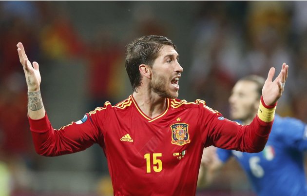 Spain's Ramos reacts during their Euro 2012 final soccer match against Italy at the Olympic stadium in Kiev
