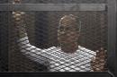 File photo of Al Jazeera journalist Peter Greste of Australia standing in a metal cage during his trial in a court in Cairo