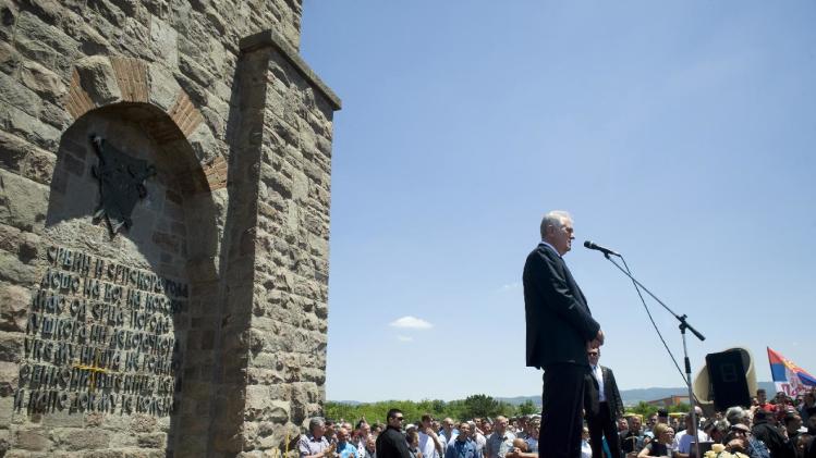 Serbian President Tomislav Nikolic delivers a speech at the Gazimestan memorial, near Pristina, Kosovo, during a ceremony marking the historic "Battle of Kosovo", on June 28, 2014