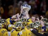 Swedish players react after winning the 2013 Ice Hockey IIHF World Championships gold medal match against  Switzerland, at the Ericsson Globe Arena in Stockholm, Sweden, Sunday, May 19, 2013. (AP Photo/Lehtikuva, Martti Kainulainen) FINLAND OUT. NO THIRD PARTY SALES.