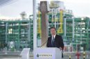 Britain's Prime Minister David Cameron delivers a speech during a presentation on the Kashagan offshore oil field at the Bolashak oil plant near Atyrau in Kazakhstan June 30, 2013.