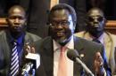 South Sudan's rebel leader Riek Machar addresses a news conference in Ethiopia's capital Addis Ababa
