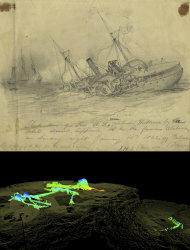 This image provided by the National Oceanic and Atmospheric Administration shows a view of the USS Hatteras as it fought and sank in 1863, depicted in a drawing by Civil War artist Francis H. Schell, above a 2012 high-resolution 3-D sonar image from the National Oceanic and Atmospheric Administration. A team of archaeologists and technicians spent two days in September 2012 mapping the wreckage of the USS Hatteras, the only U.S. Navy ship sunk in the Gulf of Mexico during Civil War combat. (AP Photo/NOAA, Northwest Hydro Inc., James Glaeser)