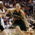 FILE - In this Sept. 17, 2011 file photo, The Phoenix Mercurys' Temeka Johnson, left, tries to defend the Seattle Storms' Sue Bird during a first round WNBA playoff basketball game in Phoenix. Bird will have her fourth in six years in early May to remove a cyst from her right knee. (AP Photo/Ross D. Franklin, File)