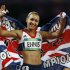 Britain's Jessica Ennis celebrates winning gold following the 800-meter heptathlon during the athletics in the Olympic Stadium at the 2012 Summer Olympics, London, Saturday, Aug. 4, 2012. (AP Photo/Daniel Ochoa De Olza)