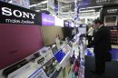 Sony Corp's speakers are displayed at an electronics store in Tokyo