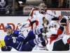 Maple Leafs McLaren celebrates his goal against Senators goalie Anderson and Methot during their NHL hockey game in Toronto